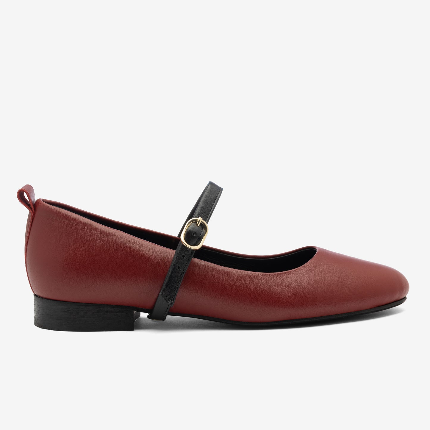 Burgundy Mary Jane flat with a single black strap